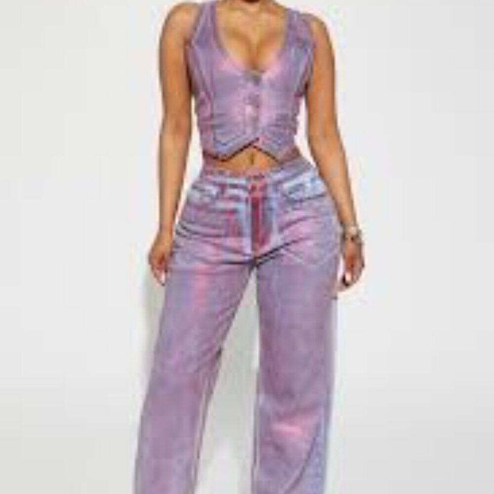 NWT Fashion Nova Size 5/M Metallic Vest Jean Set - Red